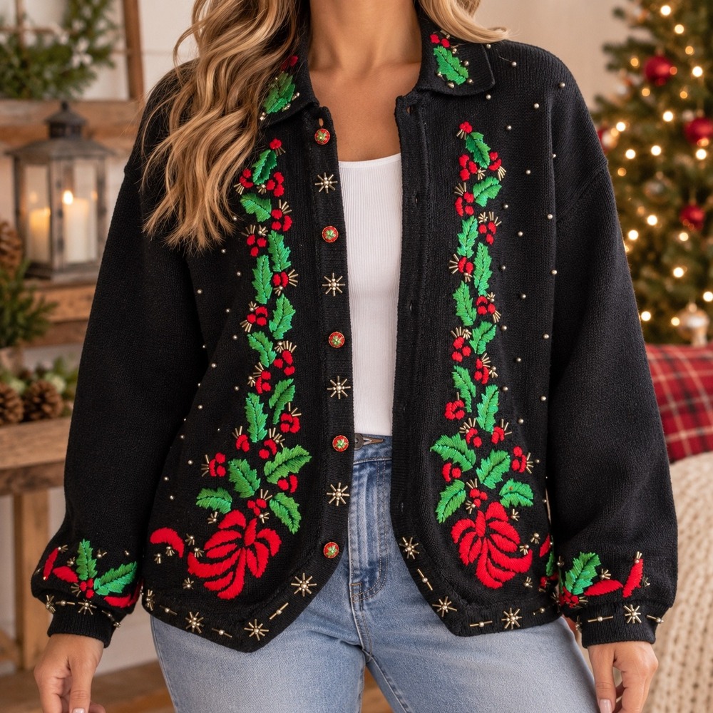 ARRIVISTE XL Black Christmas Cardigan Embroidered Holly Berry Beaded Holiday